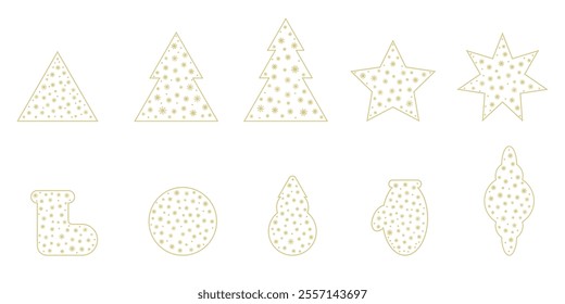 Set of decorations for winter holidays, christmas, ney year. Snowflakes and dots in different shape, goldish color, contour, isolated on transparent background. Vector illustration. Clipart.