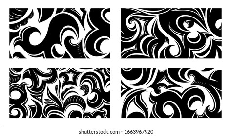 Set of decorative abstract background with floral, tribal elements in damask, Gothic, Baroque style, business card template, packaging, cover, plastic card, flyer. Black and white vector illustration