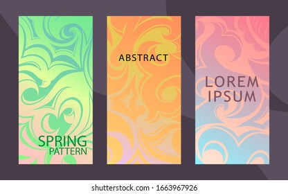 Set of decorative abstract background with floral, tribal elements in damask, Gothic, Baroque style, business card template, packaging, cover, plastic card. Spring delicate colors, vector illustration