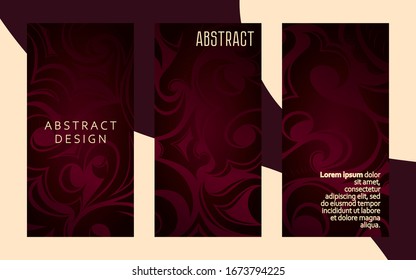 Set of decorative abstract background with floral, tribal elements in damask, Gothic, Baroque style, business card template, packaging, cover, plastic card, flyer. Burgundy, Bordeaux, Marsala vector 