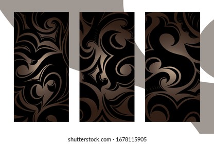 Set von dekorativen abstrakten Hintergrund mit floralen, Stammeselementen in Damast, Gotik, Barockstil, Visitenkartenvorlage, Druck, Deckel, Plastikkarte, Flyer. Gold, Bronze, Karamelll mit schwarzer Vektorillustration