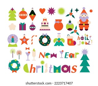 Set of decorative abstract colored Christmas elements and symbols. Collection of New Year icons for the decoration of postcards, stickers, invitations in cut out style. Cartoon vector illustration