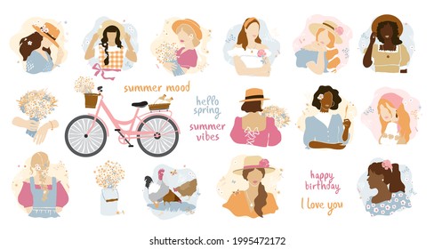 Set of decorative abstract contemporary portraits of young women in pastel colors isolated on white. Collection of artistic faces of girls, symbols of country house summer life. Vector illustration.