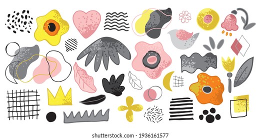 Set of decorative abstract elements in trendy colors isolated on white. Collection of flowers, shapes, lines, spots, birds, for the decoration of invitations, cards, posters. Cute vector illustration