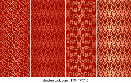 Set of decorative abstract geometrical golden seamless pattern on a red background. Traditional oriental ornaments. Vector illustration.