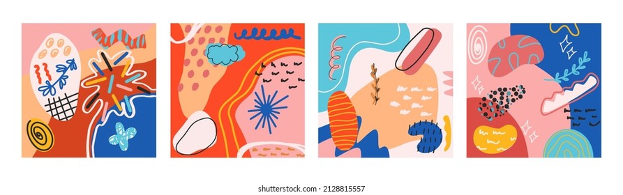 Set of decorative abstract illustrations with colorful drawings. Drawn by hand. Flat design, cartoon, vector illustration. Template for design and printing on paper.