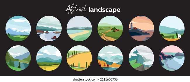 Set of decorative abstract landscapes in the shape of circle. Collection of nature fields, forests, mountains, beaches, river of different seasons for stickers, social media. Flat vector illustration