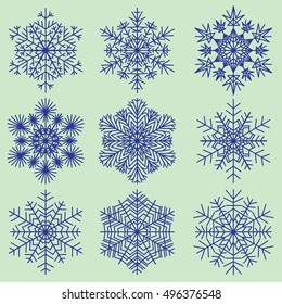 Conjunto de copos de nieve de papel abstracto decorativo. Ilustración vectorial.