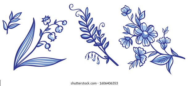 Set of decorative abstract spring flowers in blue tones, cobalt: Lilies of the valley, primrose, mouse pea.