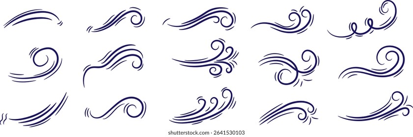 Set of decorative abstract wave and swirl elements in hand-drawn style, perfect for use in tattoo design, graphic decoration, motion icons, and artistic embellishment