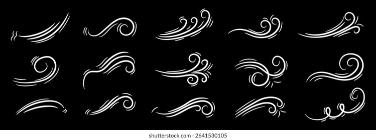 Set of decorative abstract wave and swirl elements in hand-drawn style, perfect for use in tattoo design, graphic decoration, motion icons, and artistic embellishment