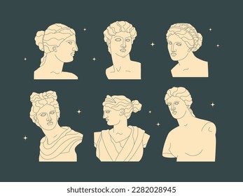 Set of decorative ancient Greek statues of men and women, goddesses and heroes. Antique sculpture in modern flat style. Vector isolated trend illustration.