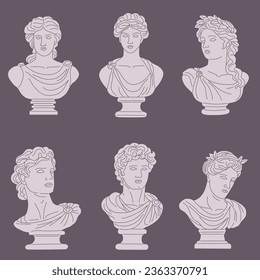 Set of decorative ancient Greek statues of men and women, goddesses and heroes.