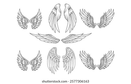 Set of Decorative Angel Wings Line Art Illustrations in Vector Style