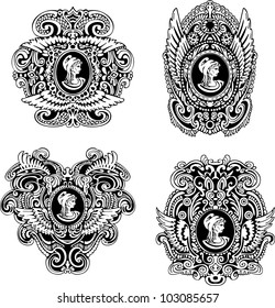 Set of decorative antique cameos with wings and woman portrait in profile. Black and white vector illustrations.