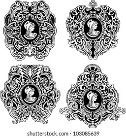 Set of decorative antique cameos with woman portrait in profile. Black and white vector illustrations.