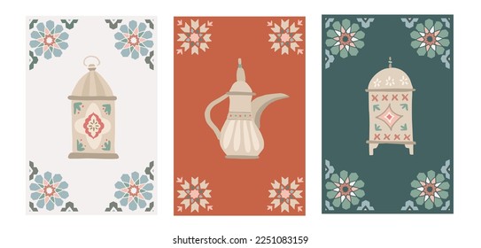 Set of decorative arabic ornamental greeting cards, invitation templates for muslim holiday Ramadan Karrem. Hand drawn boho backgrounds with lanterns, dallah coffee pot. Eid ul Fitr, iftar dinner.