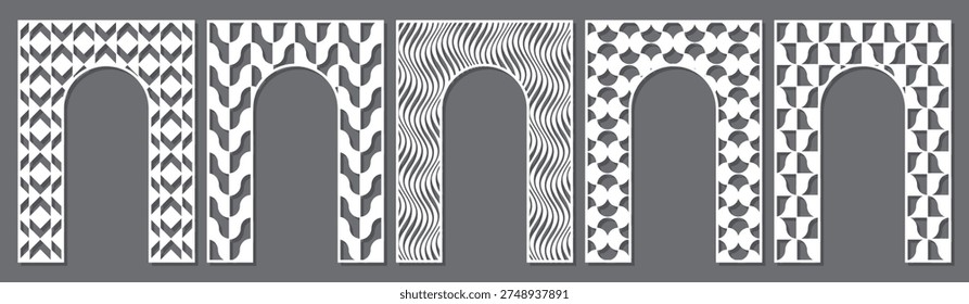 Set of decorative arched panels with geometric patterns for laser cutting. Vector templates for CNC, wood carving, metal cutting, wall decor screens, Islamic style arch panels.