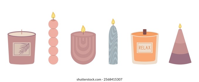 Set of decorative aroma candles. Handmade candles of decorative shape, with or without flame. Vector illustration, EPS 10.