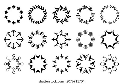 Set of decorative arrow borders. Frames of arrows in a circle. Arrows pointing in and out of the circle. Circle pattern. Vector arrows of different shapes.