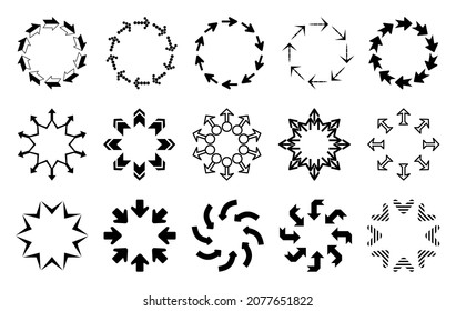 Set of decorative arrow borders. Frames of arrows in a circle. Arrows pointing in and out of the circle. Circle pattern. Vector arrows of different shapes.