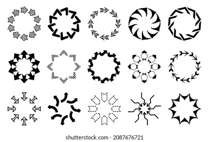 Set of decorative arrow borders. Frames of arrows in a circle. Arrows pointing in and out of the circle. Circle pattern. Vector arrows of different shapes.