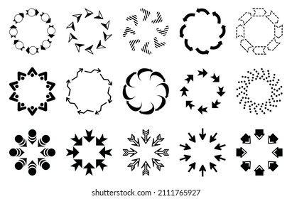Set of decorative arrow borders. Frames of arrows in a circle. Arrows pointing in and out of the circle. Circle pattern. Vector arrows of different shapes.