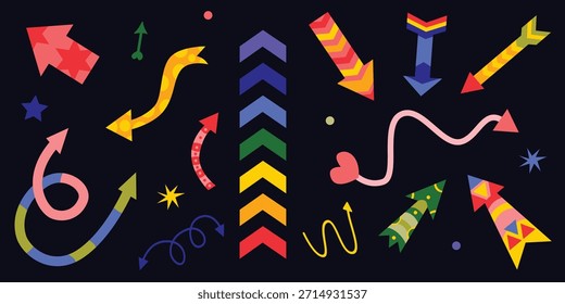Set of decorative arrows in a dark background. Vector illustration with wirls, zigzags, loops, curves
