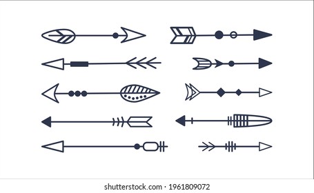Set of decorative arrows isolated on a white background. Traditional symbol of Native American Indians. Boho design. Vector illustration