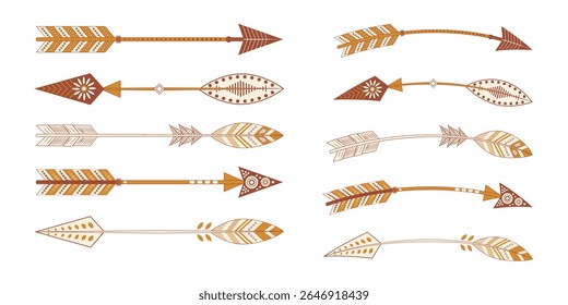 Set of decorative arrows in a rustic boho style with earthy colors. The hand-drawn tribal collection is ideal for invitations, logos, or folk art designs. Isolated on a white background.