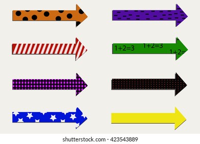 Set of decorative arrows vector illustration. Arrows with different combination of color and pattern. Collection of color arrows for design stock vector