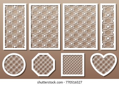Set decorative art elements for laser cutting. Geometric ornament pattern. Template wedding. The ratio 1:2, 2:3, 3:4, 1:3, round, octagon, square, heart. Vector illustration.