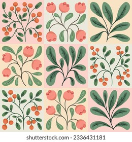 Set of decorative art plants in retro style. Cute wild botany: small flowers, twigs, leaves, berries isolated on light tiles. Collection of hand drawn plants in pastel colors. Vector illustration.