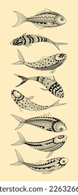 Conjunto de dibujos artísticos decorativos de peces blanco y negro