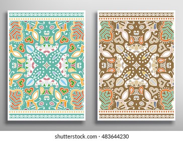 Set of decorative artistically cards. Ethnic doodle pattern. A4 size. Anniversary, birthday cards. Valentin's day, party card. Hand drawn floral, geometric design element.