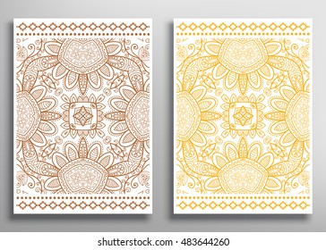 Set of decorative artistically cards. Ethnic doodle pattern. A4 size. Anniversary, birthday cards. Valentin's day, party card. Hand drawn floral, geometric design element.