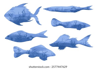 Set of decorative assorted blue fish with seaweed silhouettes. Vector graphics.