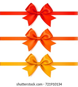 Set of decorative autumn bow with horizontal ribbon for page decoration or gift pack. Vector orange, red and yellow bow with orange, red and yellow ribbon. Autumn colours bow