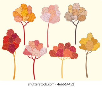 Set of decorative autumn trees. Doodle cartoon illustration.Clip art for design.