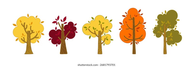 A set of decorative autumn trees with falling leaves. Vector graphics.