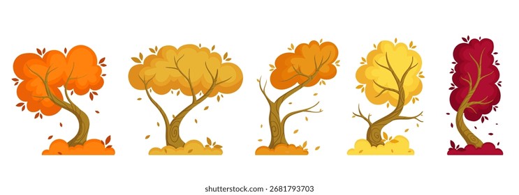 A set of decorative autumn trees with falling leaves. Vector graphics.