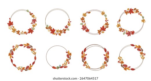 Set of decorative autumnal wreath. Colorful fallen leaves decoration wreath collection for autumnal and thanks giving day design. Vector illustration.