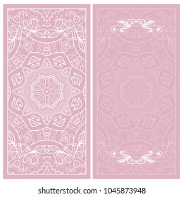 Set of decorative backgrounds with geometric texture. Vertical colorful seamless pattern and card with place for the text. Vector template for Wedding, Valentine's day, Birthday Invitation