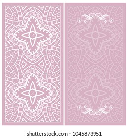 Set of decorative backgrounds with geometric texture. Vertical colorful seamless pattern and card with place for the text. Vector template for Wedding, Valentine's day, Birthday Invitation