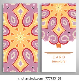 Set of decorative backgrounds, geometric texture. Vertical colorful seamless pattern and mandala card with place for the text. Vector template for Wedding, Valentine's day, Birthday Invitation