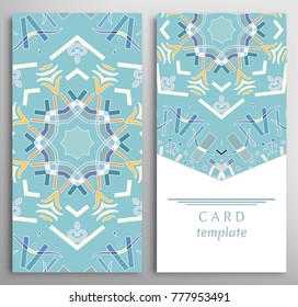 Set of decorative backgrounds, geometric texture. Vertical colorful seamless pattern and mandala card with place for the text. Vector template for Wedding, Valentine's day, Birthday Invitation