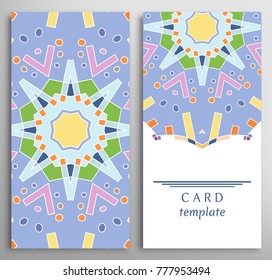Set of decorative backgrounds, geometric texture. Vertical colorful seamless pattern and mandala card with place for the text. Vector template for Wedding, Valentine's day, Birthday Invitation