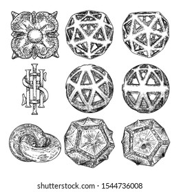 Set of decorative balls in hand drawn style. Magic balls or mysterious orbs with holes, 3d printing sphere crystal. IHS Ancient medieval Christogram. Christian monogram of Jesus Christ, Vector. 