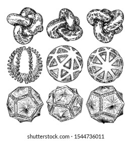 Set of decorative balls in hand drawn style. Abstract magic balls or mysterious orbs with holes, 3d printing sphere crystal. Vector. 