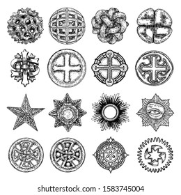 Set of decorative balls in hand drawn style. Abstract magic balls or mysterious orbs with holes, 3d printing sphere crystal. Circular decorative Christian religion cross design. Vector. 